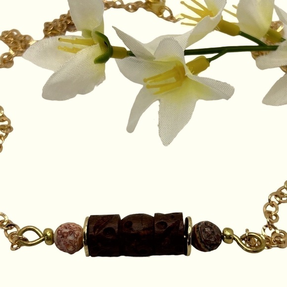 Necklace Handmade Carved Wood Natural Stone Terracotta/Black/Brown 17”-20” - Picture 3 of 3
